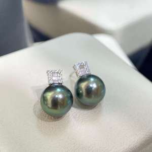 Pendientes de Perlas Verdes y Negras, Joyería de Oreja con Tono Dorado, Piedra Ovalada, Regalo Elegante para Mujer, Plata S925, Engaste Cuadrado, Perla Tahitiana - Product Image 1