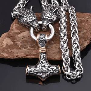 Collana vyking uomo Vintage lupo testa Mjolnir Thor martello ciondolo <span class=keywords><strong>Norse</strong></span> gioielli in acciaio inox imperatore catena collana - Product Image 1