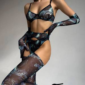 Conjunto de Lencería Sexy Transparente de Malla con Medias, Venta al por Mayor, Conjunto Erótico de Sujetador Push-Up y Bragas - Product Image 1