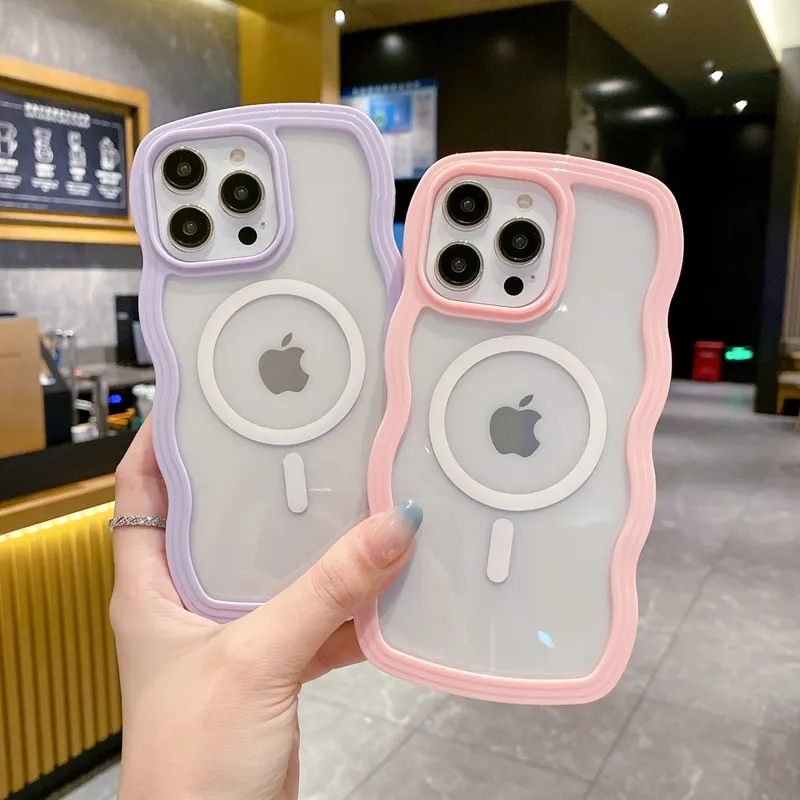 เคสชาร์จแบบไร้สายมีสายหยักสำหรับ iPhone 11 12 13 14 15 Pro Max PLUS เคสแม่เหล็กใสลายลูกกวาด