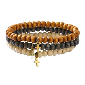 Okp commercio estero europeo americano religioso a forma di croce di legno con perline bracciale elasticizzato Set di vendita calda transfrontaliera nero Unisex - Product Image 5