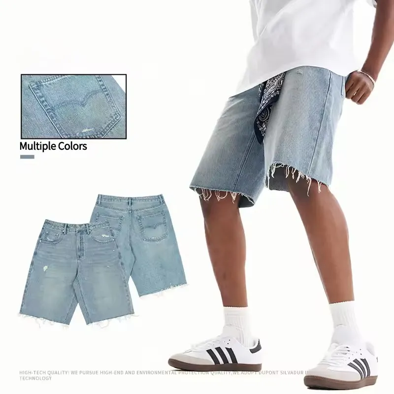 Màu Xanh Rửa Hipsters Đa Năng Denim Quần Short Năm Túi Thô Cắt Hem Quần Short Cổ Điển Rửa Denim Quần Short