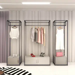 Rack de roupas luxuoso cinza, 2 camadas, exibição de piso alto, prateleira para loja de roupas
