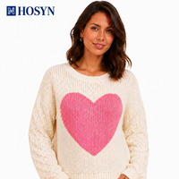 Pull en tricot torsadé à col rond pour femme, motif cœur rose jacquard, manches longues, coupe ample et décontractée
