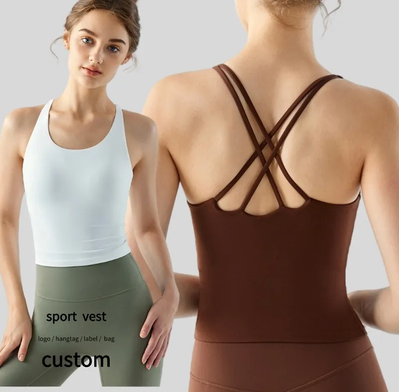 Toptan Yoga Tank Top kadın uzun tarzı yarım sabit fincan göğüs pedleri ile U boyun sıkı sokak Fitness spor giyim spor yelek