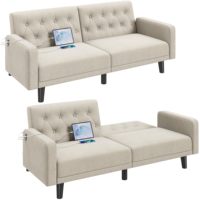 Wandelbares Sofa Kleines Futon-Schlafsofa mit 2 USB-Anschlüssen Verstellbare Rückenlehne Mid-Century Loveseat für Wohnzimmer Apartment Büro