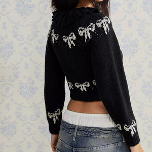 <span class=keywords><strong>Cardigan</strong></span> lavorato a maglia a maniche lunghe corto, antipiega, con motivo a fiocco <span class=keywords><strong>nero</strong></span>, casual da donna, personalizzato Wisrise - Product Image 2