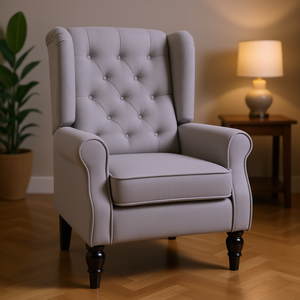 Poltrona Grigia Imbottita con Schienale Alto e Cuscino Rimovibile, Gambe in Legno, Arredo d'Accento per Soggiorno - Product Image 2