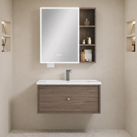 Meuble-lavabo de salle de bain moderne avec armoire miroir, étagères de présentation, tiroirs de rangement à fermeture douce, robinet contemporain et miroir inclus