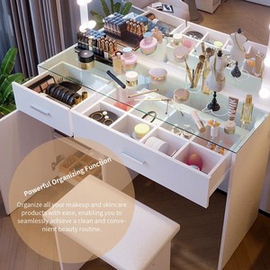 Nouvelle conception de coiffeuse en <span class=keywords><strong>bois</strong></span> avec plateau en verre, ensemble de tables de maquillage blanches, coiffeuse avec miroir à lumière LED - Product Image 5