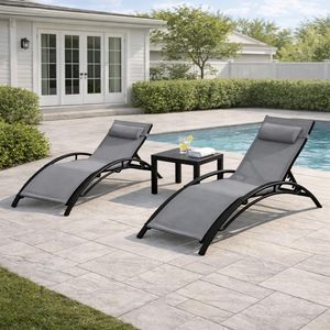 Chaise longue de piscine et de plage, ensemble de mobilier complet, cadre en aluminium antirouille, oreiller de nuque amovible, chaise inclinable d'extérieur - Product Image 3