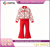 Ensemble 2 pièces personnalisé : Blouson bomber zippé imprimé et pantalon évasé festonné, survêtement contrastant, OEM ODM, MOQ 1 pièce