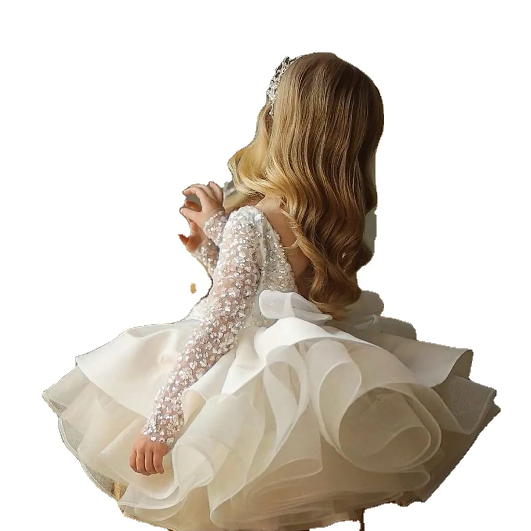 カスタム1-12歳の女の赤ちゃんウェディングウエディングチュチュドレスガールズサマースパンコール長袖ボウバースデーパーティープリンセスドレス