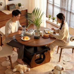 Tavolino da Caffè Circolare Moderno e Minimalista con Cassetti in <span class=keywords><strong>Legno</strong></span> di Noce, Tavolino Mobile con Spazio di Archiviazione per Soggiorno - Product Image 4