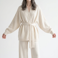 Langer Vintage-Cardigan für Damen mit geripptem Design, Schal-Kragen und Gürtel, atmungsaktiv, dick, aus Kaschmir, Wickel-Cardigan mit langen Ärmeln für Herbst und Winter