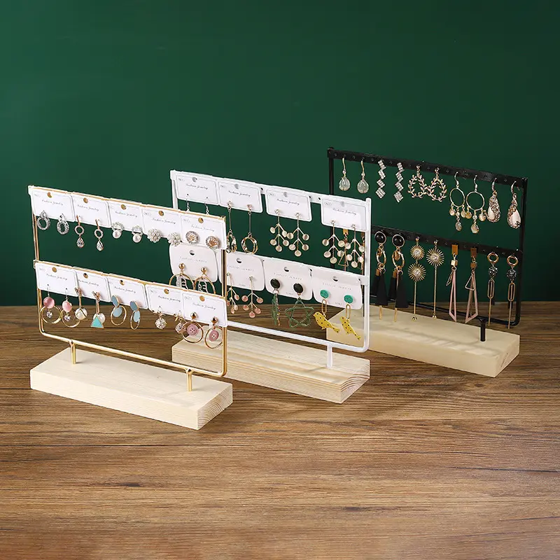 Soporte de exhibición de pendientes de 2/3 capas, organizador de almacenamiento de joyas de Metal, Base de madera, accesorio de exhibición de Joyas