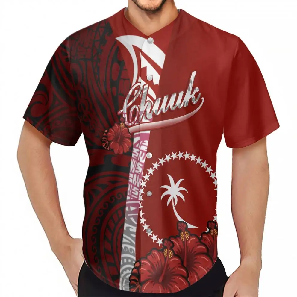 Roupas tribais polinésias estampadas sob demanda CHUUK flor de hibisco vermelho camisa de ciclismo masculina de poliéster personalizada com botão para ilha