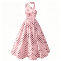 Robe midi d'été pour femme à col halter, imprimé pois rose et noir, sans manches, taille haute, coupe évasée avec cravate assortie