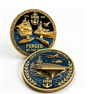 Pièce commémorative USN plaquée or, bronze frappé à l'outil, design circulaire patriotique, forgé par The Sea, honneur, courage, engagement - Product Image 2