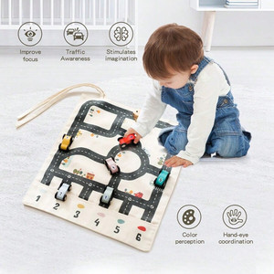 Alfombra de juego educativa de lona para niños con coches de madera para niños de 2 a 4 años, juego de juguetes de aprendizaje sobre el tráfico - Product Image 1
