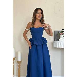 Elegante Vestido de Noche Azul Marino Corte A con Volantes y Tirantes de Perlas, Tela de Lino Transpirable, Escote Corazón - Product Image 3