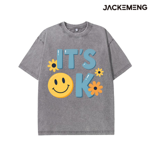 T-shirt en coton oversize délavé avec imprimé 'It's <span class=keywords><strong>Ok</strong></span>', style streetwear rétro, pour usage quotidien décontracté, vente en gros depuis l'entrepôt américain - Product Image 2
