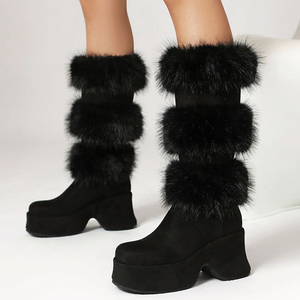 Botas de plataforma altas de piel sintética para mujer, con tacón de cuña, forro de peluche, hasta la rodilla, de ante, gruesas y peludas, para invierno y nieve. - Product Image 2