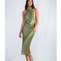Robe longue en soie de mûrier 100% sans manches, col halter, pour femmes, élégante robe de soirée en soie pour fête, robe moulante pour club