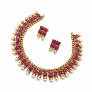 Ensemble de collier ras du cou en pierre de Pota rose plaqué or bijoux fins SFNECK162 - Product Image 2