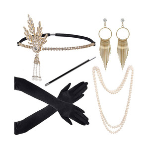 1920s femmes Vintage Flapper Gatsby Costume accessoires ensemble 20s bandeau perle collier Anime boucle d'oreille ensemble - Product Image 5
