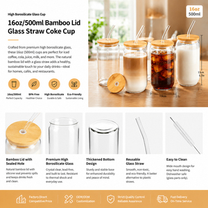 Vasos de Vidrio de Borosilicato con Tapa de Bambú y Pajita, Vaso Reutilizable Tipo Lata de Cerveza para Café Helado, Té, Zumo, Batidos y <span class=keywords><strong>Agua</strong></span> - Product Image 3