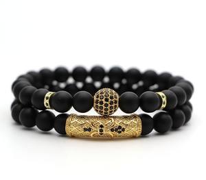Perles noires classiques 2 pc/ensemble Bracelet en pierre de verre naturel hommes pavé Cz 8mm boule Disco bracelets à breloques femmes <span class=keywords><strong>bijoux</strong></span> en or - Product Image 3