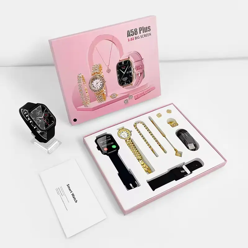 Factory Wholesale A58 Plus Smart Watch Suits Delicate Luxury Gold Bracelet with Diamond Sport Smartwatch 6 in 1 Set Gift Box