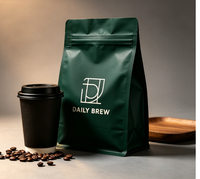 Sachet de café à fond plat avec logo personnalisé, valve et fermeture éclair, idéal pour l'emballage de grains de café torréfiés, café moulu, qualité alimentaire VMPET