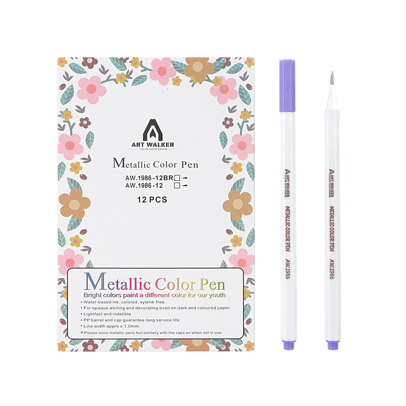 12-Color Set Soft Head Metallic Highlight Pens Coloring Hook Art Markers for Highlighting and Painting