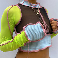 2020 nuove Donne di Arrivo Sexy Camicetta Patchcolor Manica Lunga Vedere Attraverso Mesh Top Outfit Crop Top Mujer Donne T-Shirt