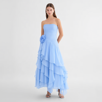 Nouvelle Robe Midi Femme Bleu Clair Sans Bretelles, Bustier Plissé, Volants Asymétriques Superposés à Motifs Floraux 3D, Vente en Gros Personnalisée