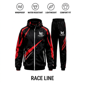 Survêtement à capuche noir et rouge pour homme LONG MISSION, coupe longue, avec cordon de serrage, décontracté, respirant, sportif, coupe-vent, résistant à l'eau - Product Image 1