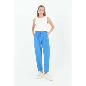 Puane Women's Blue Waist Tie Carrot Fit <b>Trousers</b> - Comfortable and Stylish High-Waisted Casual Pants for Everyday Wear - Product Image 1