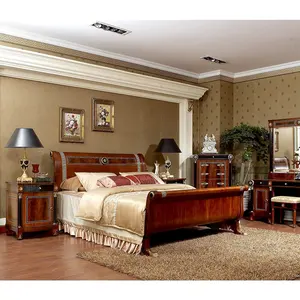 Luxurious king veneer covered antique wooden bedroom furniture set