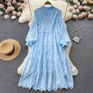 Eid new Korean fashion solid colour hollow embroidery sweet dress Islamic Muslim women's Turkish Arab Dubai dress 7015