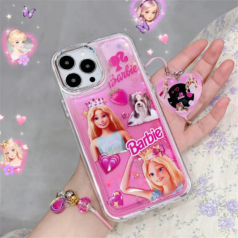 Funda de teléfono móvil de moda de princesa Barbie de arena movediza de dibujos animados europeos y americanos para iPhone14promax 13pro 12 colgante 11 15