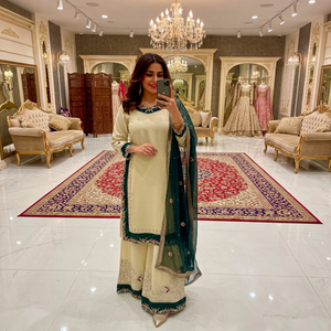 Ensemble Anarkali brodé crème et vert pour femme avec dupatta – Tenue traditionnelle indienne et pakistanaise en soie, longueur cheville, coupe classique - Product Image 1