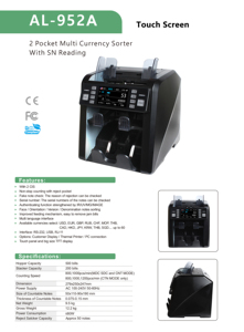 Contadora de Dinero AL-952A con 1+1 Compartimentos, Clasificador Multimoneda, Contadora de Billetes con Doble CIS y Detector de Billetes Falsos - Product Image 5