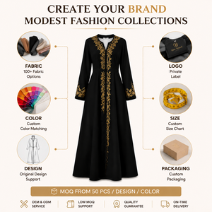 Ensemble <span class=keywords><strong>Abaya</strong></span> 3 Pièces de Luxe Personnalisé en Chiffon de Polyester pour Femme Musulmane, Robe Hijab Brodé Or à Manches Longues – Vente en Gros Dubaï - Product Image 4