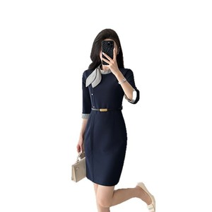 Women's Grey Midi Dress With <b>Belt</b> And Collar For Hotel <b>Work</b> Uniform Office Receptionist Flight Attendant Professional Attire - Product Image 5