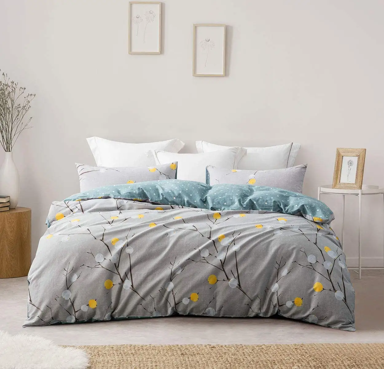 Çiçek ve polka nokta desenli yastık kılıfı dikişli sıkıca yatak yorgan kapak nevresim takımı