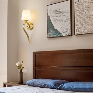 Lámpara de Pared <span class=keywords><strong>LED</strong></span> de Latón OGS/OEM con Pantalla de Vidrio, Luz Blanca Cálida Regulable, Estilo Americano, para Dormitorio y Sala de Estar, Lámpara de Pared de Cobre - Product Image 3