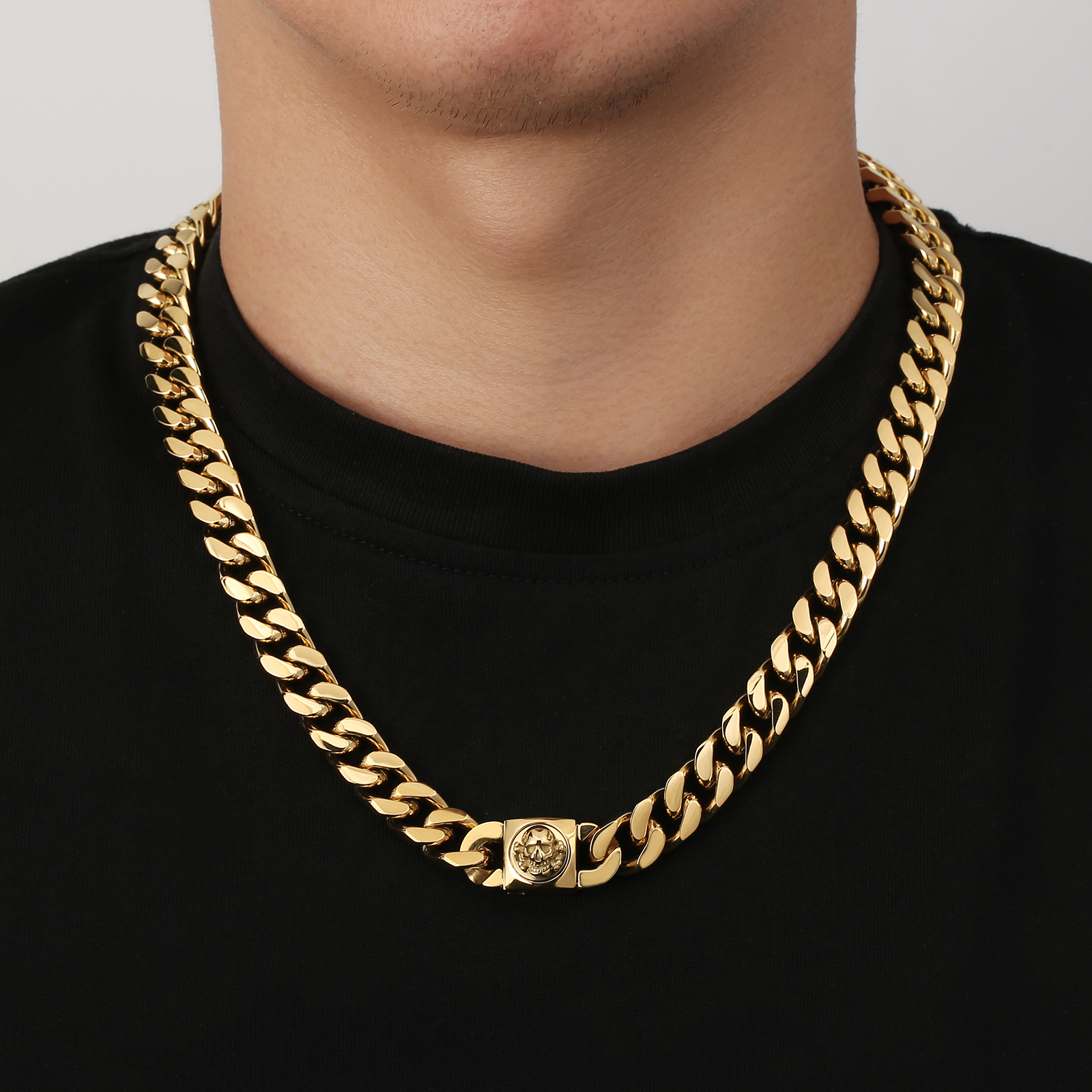 12mm Skull Head Curb Necklace - 18K Gold Plated Jewelry