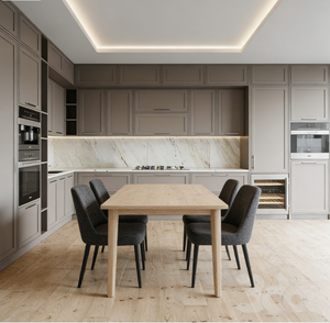 Meuble de <span class=keywords><strong>cuisine</strong></span> taupe économique <span class=keywords><strong>avec</strong></span> étagères vitrées <span class=keywords><strong>ouvertes</strong></span> et rangements fermés pour projets de rénovation domestique abordables - Product Image 3
